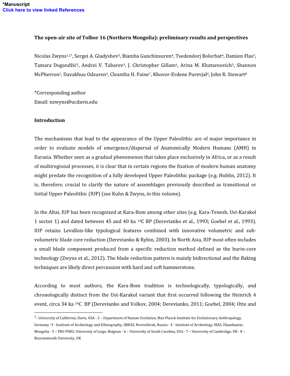 The Open-Air Site of Tolbor 16 (Northern Mongolia): Preliminary Results and Perspectives