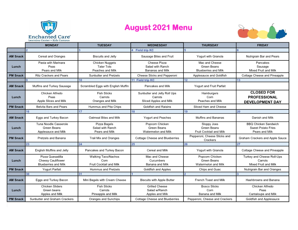 August Menu 2021