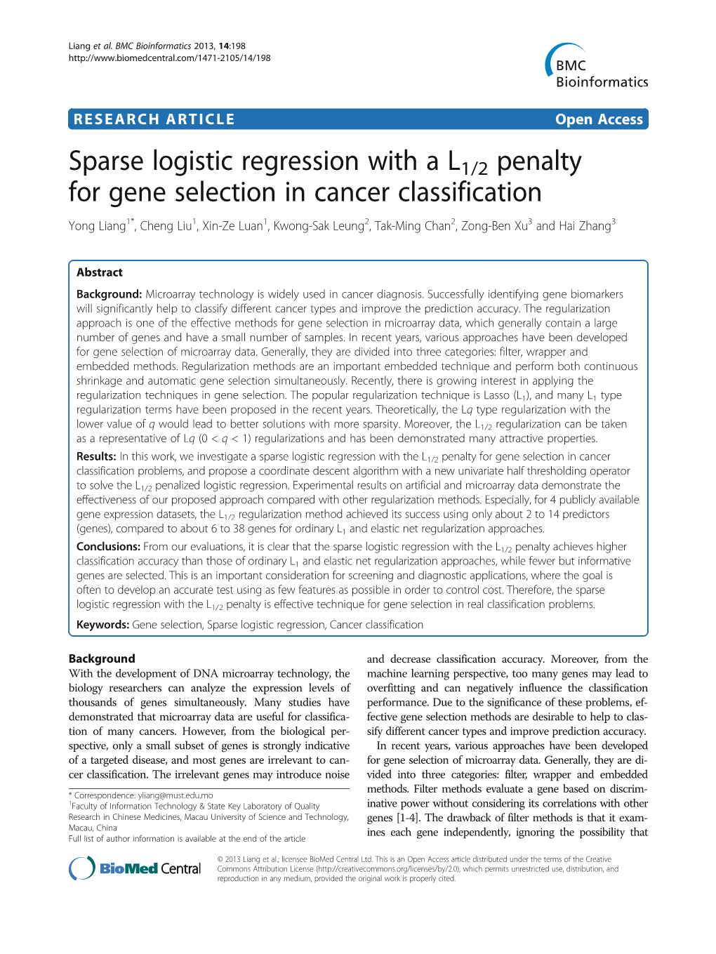 Sparse Logistic Regression with a L1/2 Penalty for Gene Selection in Cancer