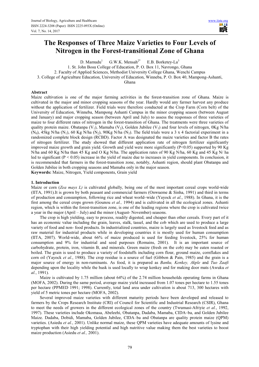 The Responses of Three Maize Varieties to Four Levels of Nitrogen in the Forest-Transitional Zone of Ghana