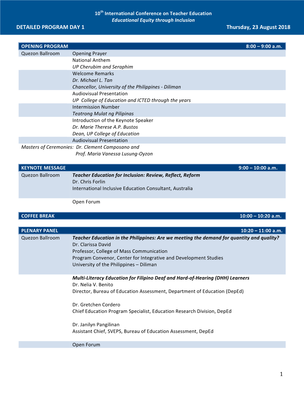 1 DETAILED PROGRAM DAY 1 Thursday, 23 August 2018