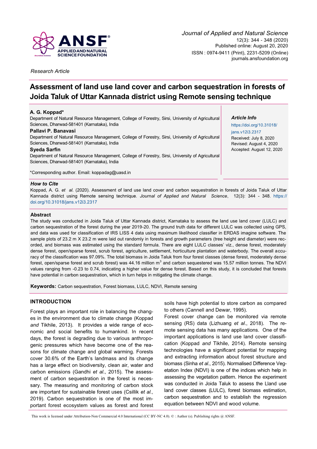 Assessment of Land Use Land Cover and Carbon Sequestration in Forests of Joida Taluk of Uttar Kannada District Using Remote Sensing Technique