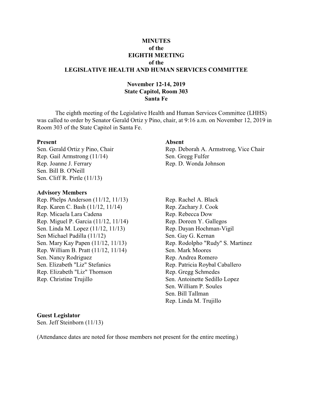 MINUTES of the EIGHTH MEETING of the LEGISLATIVE HEALTH and HUMAN SERVICES COMMITTEE November 12-14, 2019 State Capitol, Room 30