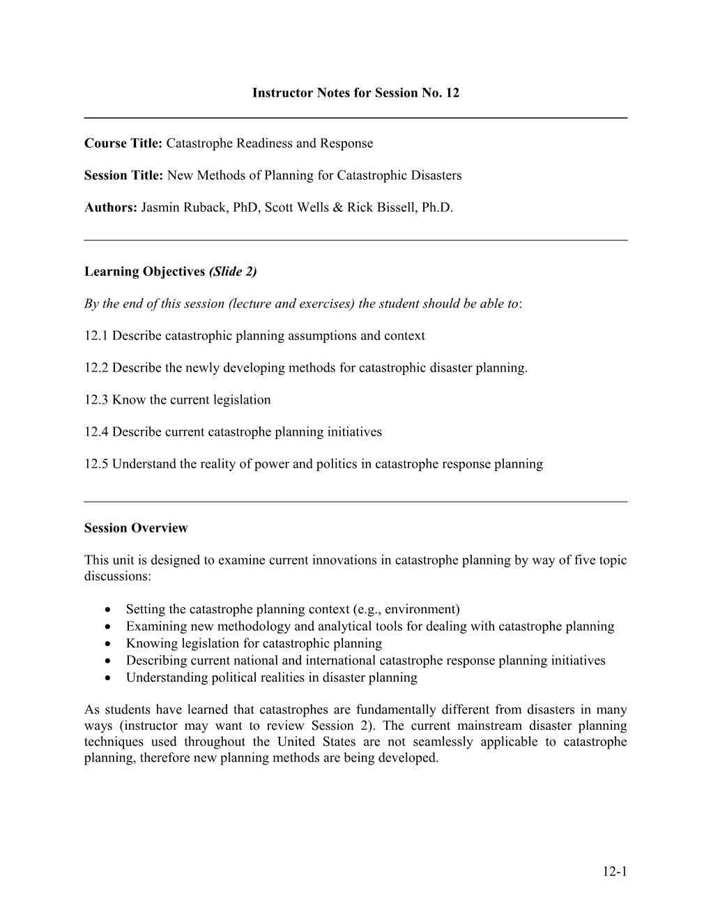 Workplan Overview: New Methods of Preparedness for Catastrophic Disasters s1