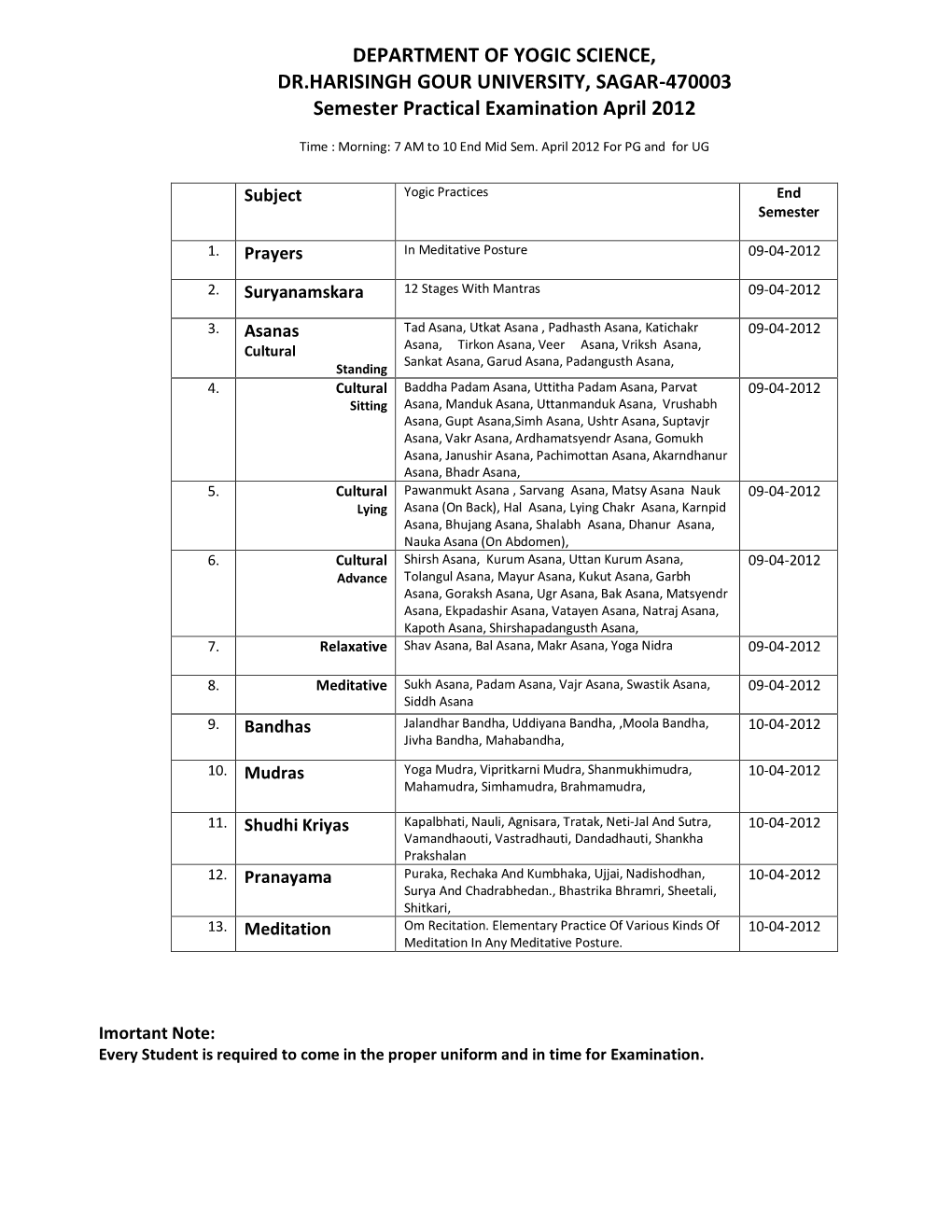 DEPARTMENT of YOGIC SCIENCE, DR.HARISINGH GOUR UNIVERSITY, SAGAR-470003 Semester Practical Examination April 2012