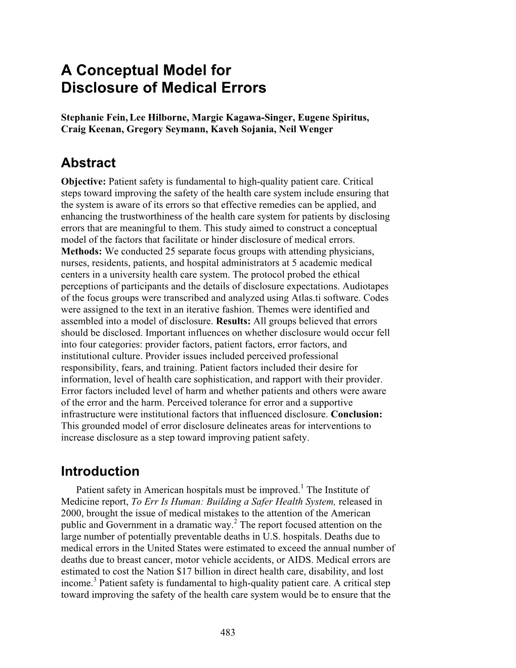 A Conceptual Model for Disclosure of Medical Errors