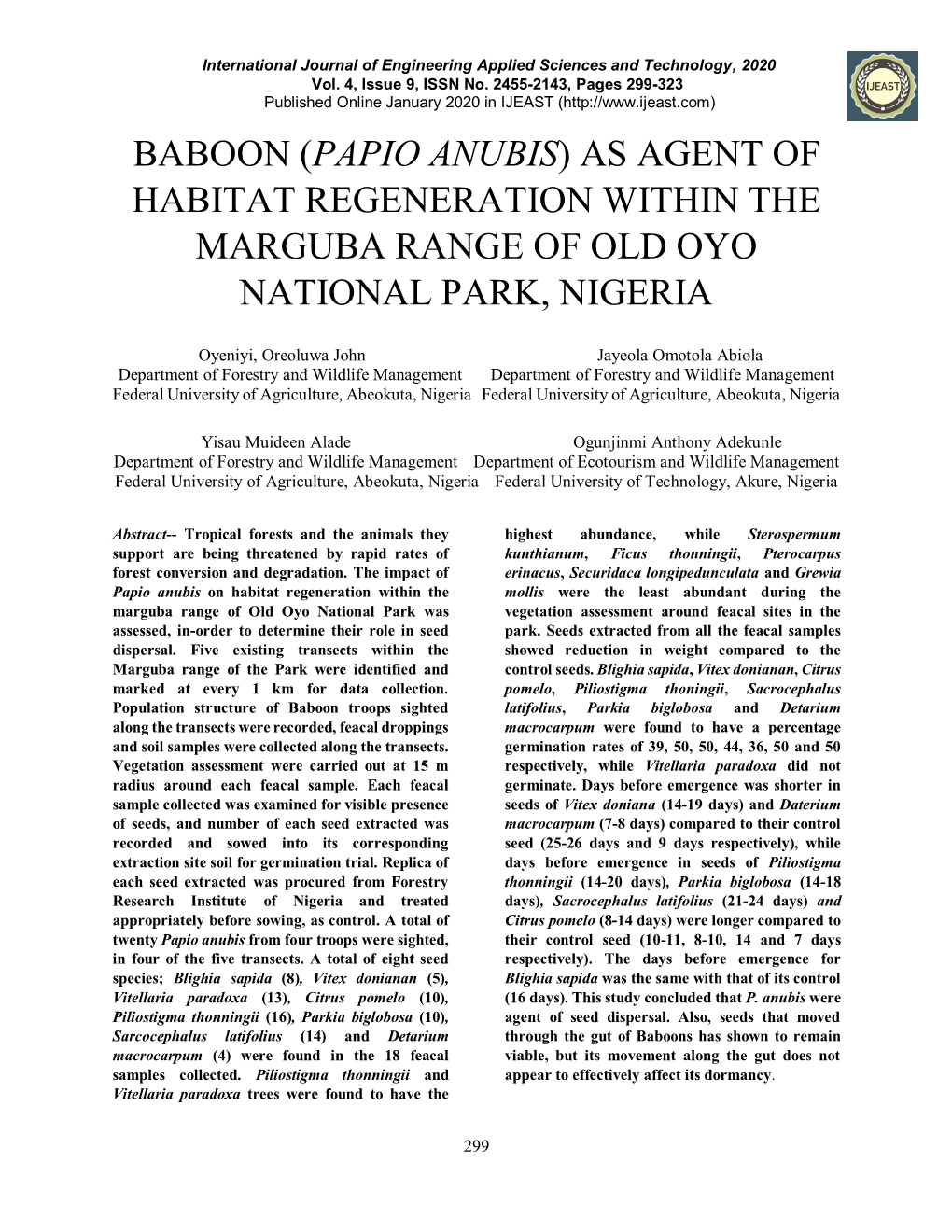 Baboon (Papio Anubis) As Agent of Habitat Regeneration Within the Marguba Range of Old Oyo National Park, Nigeria