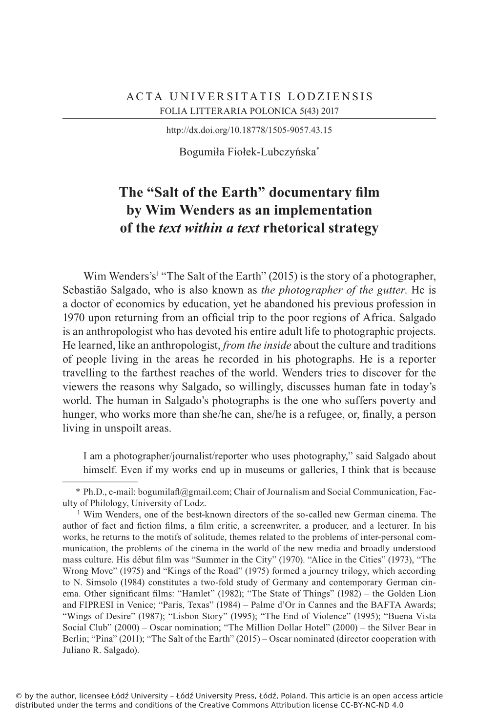 The “Salt of the Earth” Documentary Film by Wim Wenders As an Implementation of the Text Within a Text Rhetorical Strategy