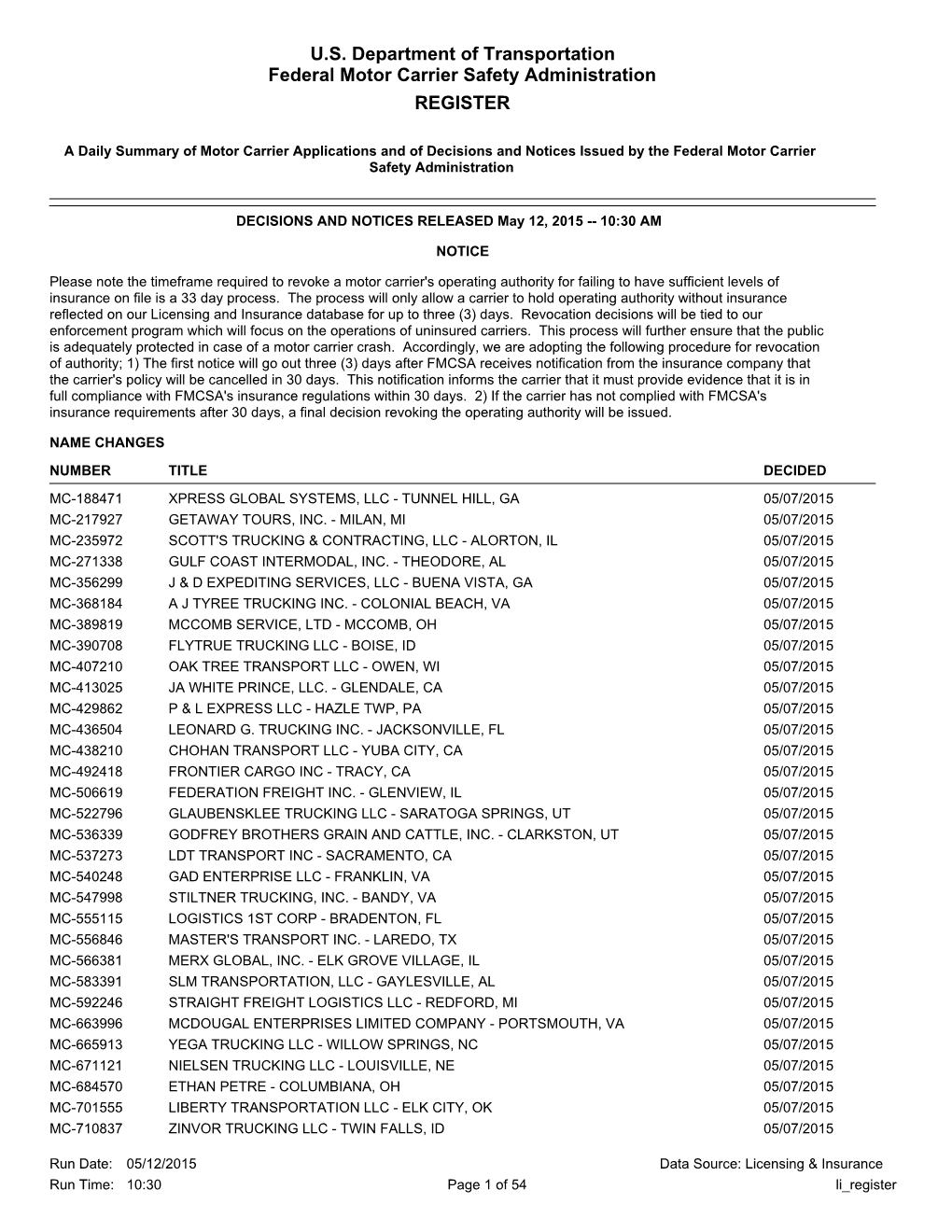 U.S. Department of Transportation Federal Motor Carrier Safety Administration REGISTER