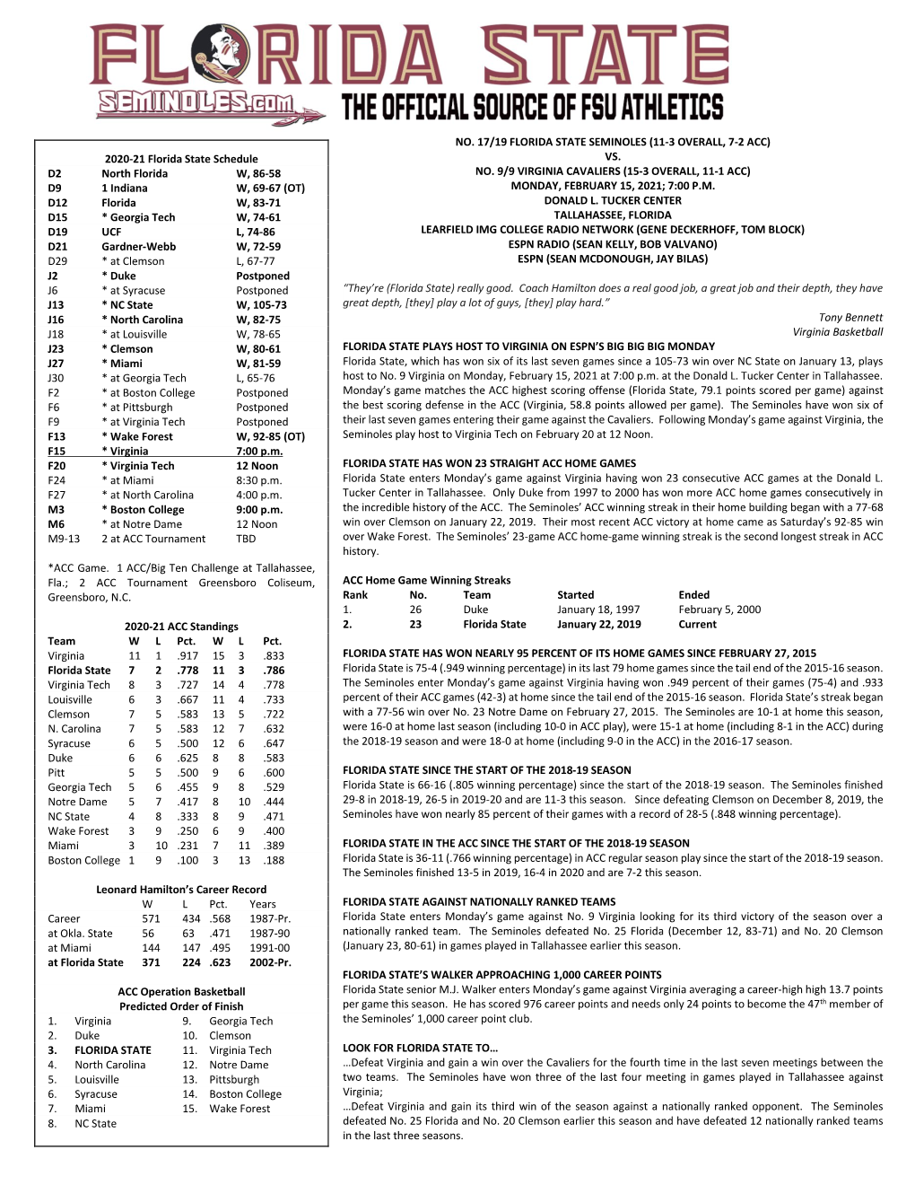 Vs. No. 9/9 Virginia Cavaliers