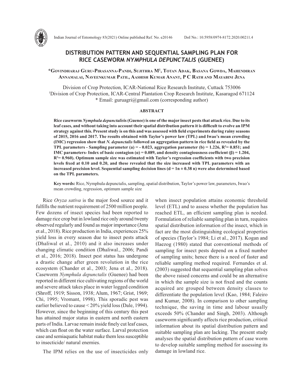 Distribution Pattern and Sequential Sampling Plan for Rice Caseworm Nymphula Depunctalis (Guenee)