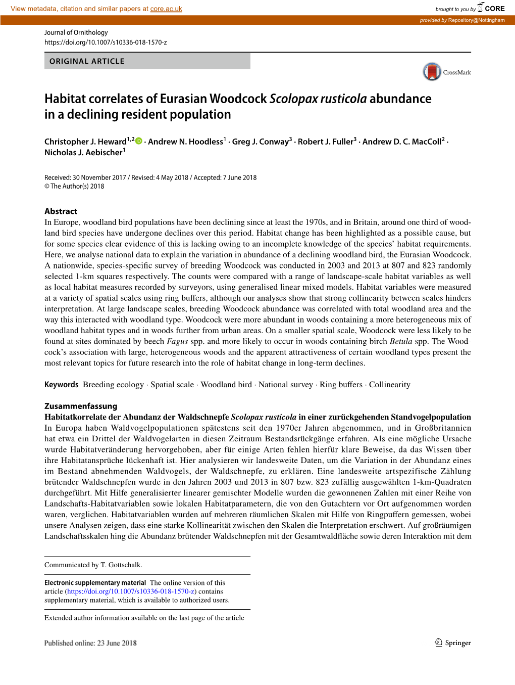 Habitat Correlates of Eurasian Woodcock Scolopax Rusticola Abundance in a Declining Resident Population
