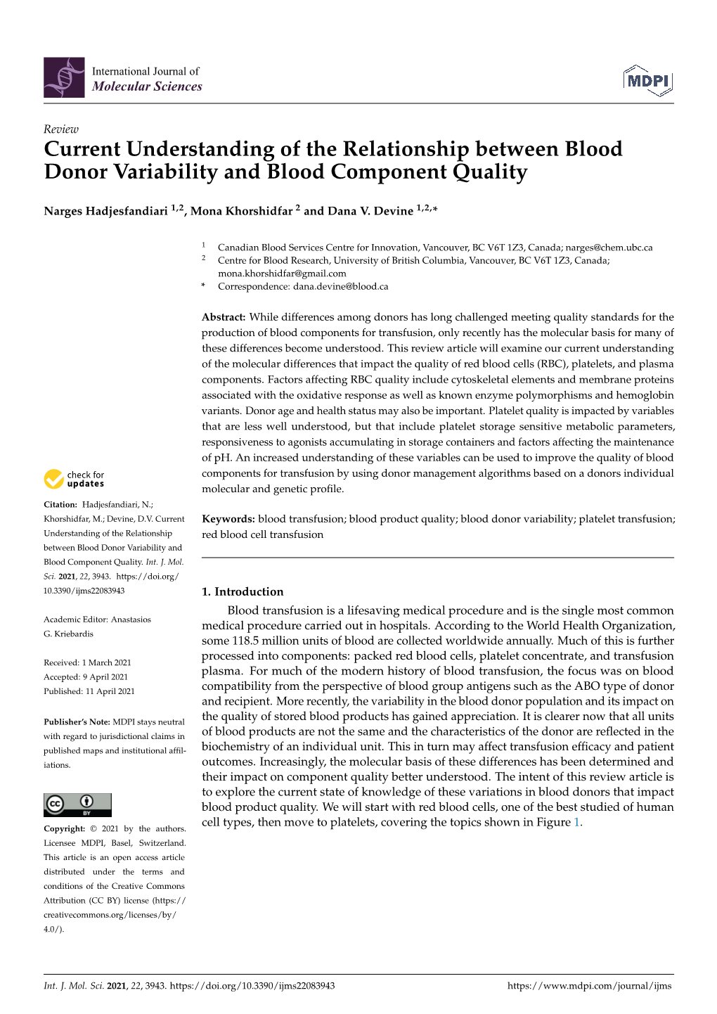 Current Understanding of the Relationship Between Blood Donor Variability and Blood Component Quality