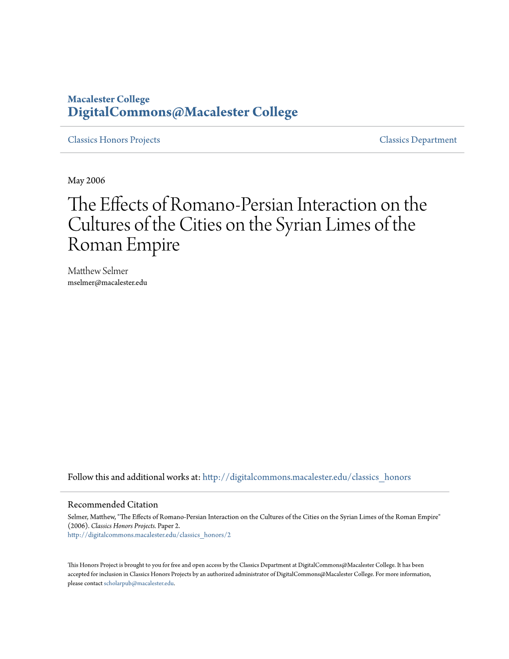 The Effects of Romano-Persian Interaction on the Cultures of the Cities on the Syrian Limes of the Roman Empire