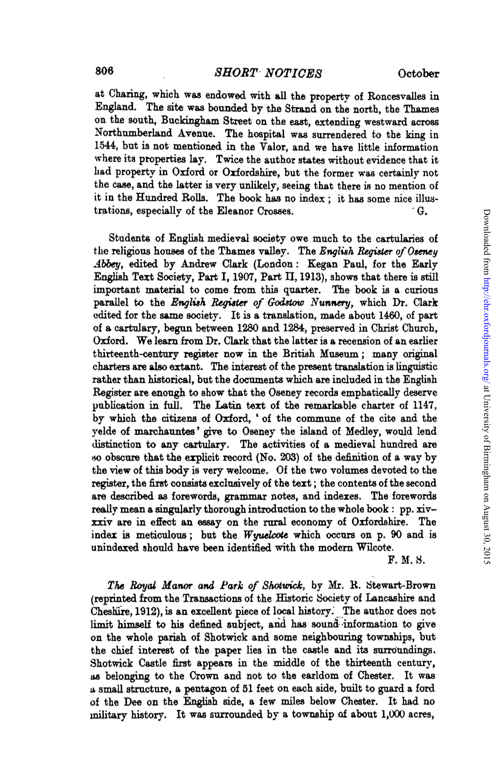 806 SHORT NOTICES October at Charing, Which Was Endowed with All the Property of Roncesvalles in England