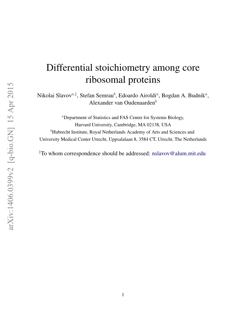Differential Stoichiometry Among Core Ribosomal Proteins