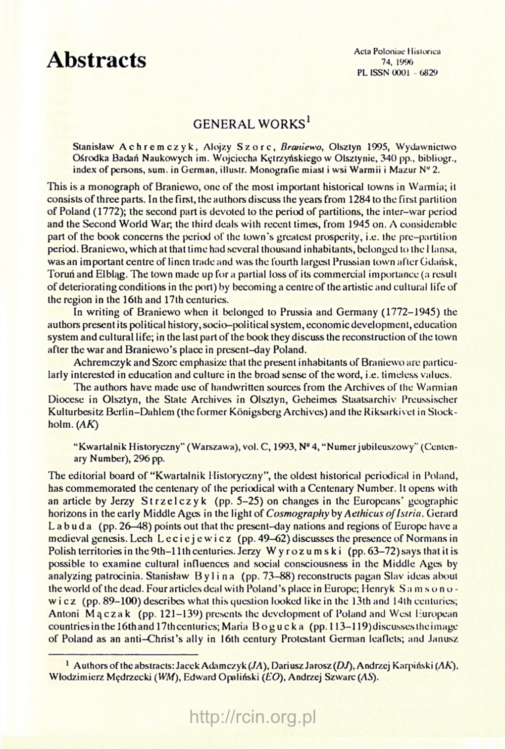 Abstracts 74, 1996 PL ISSN 0001 - 0829