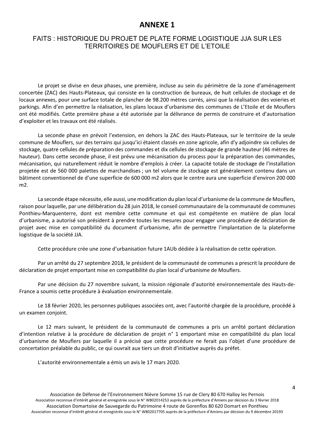 Annexe 1 Faits : Historique Du Projet De Plate Forme Logistique Jja Sur Les Territoires De Mouflers Et De L’Etoile