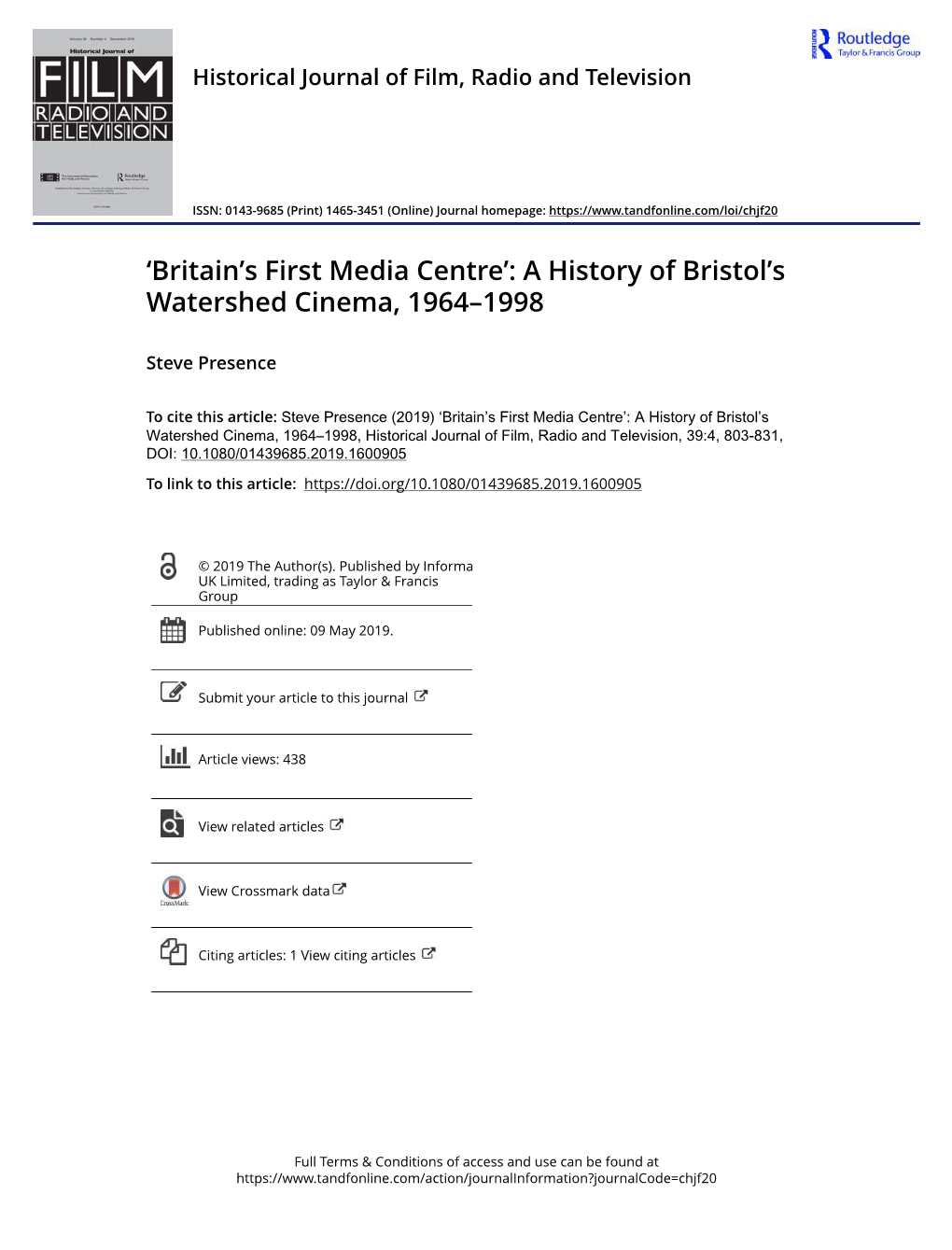 'Britain's First Media Centre': a History of Bristol's Watershed Cinema