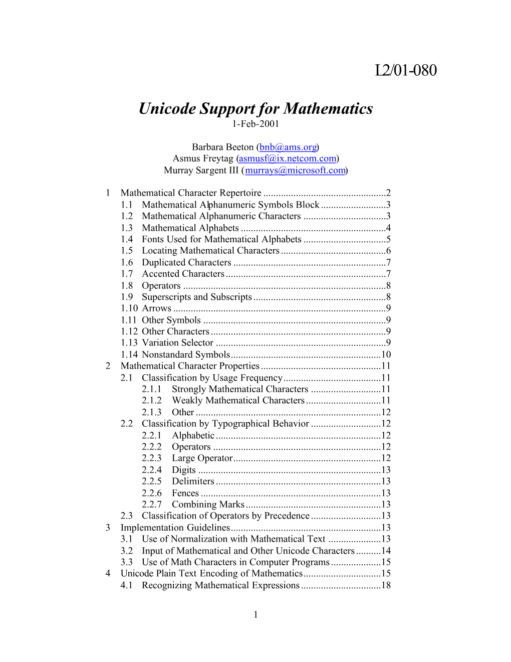 L2/01-080 Unicode Support for Mathematics