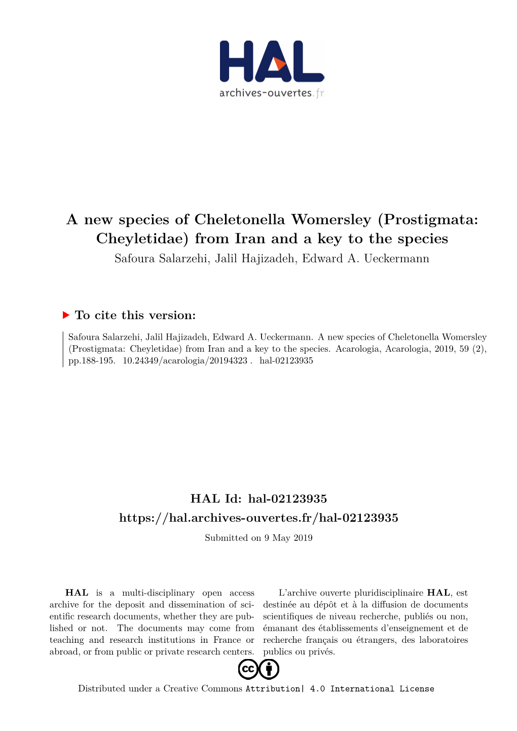 Prostigmata: Cheyletidae) from Iran and a Key to the Species Safoura Salarzehi, Jalil Hajizadeh, Edward A