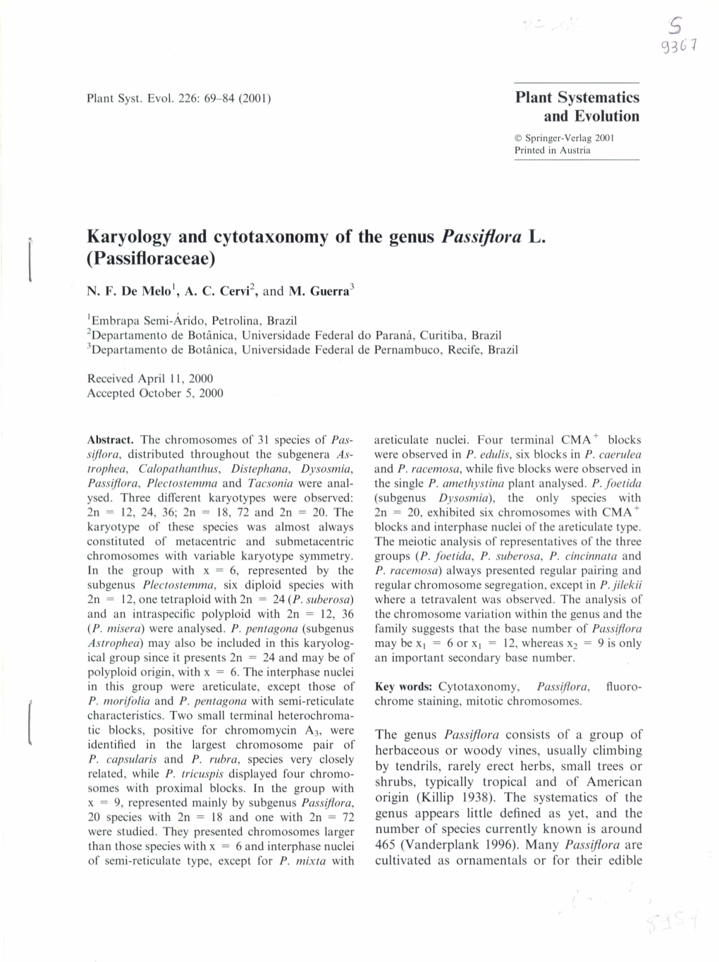 Karyology and Cytotaxonomy of the Genus Passiflora L. (Passifloraceae)