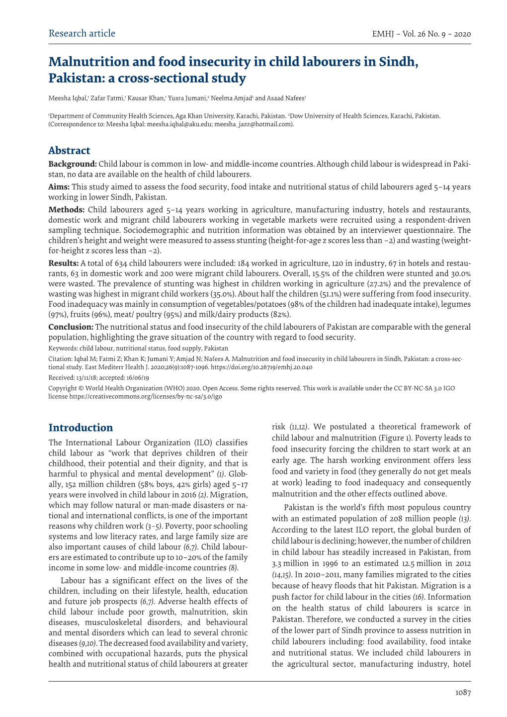 Malnutrition and Food Insecurity in Child Labourers in Sindh, Pakistan: a Cross-Sectional Study