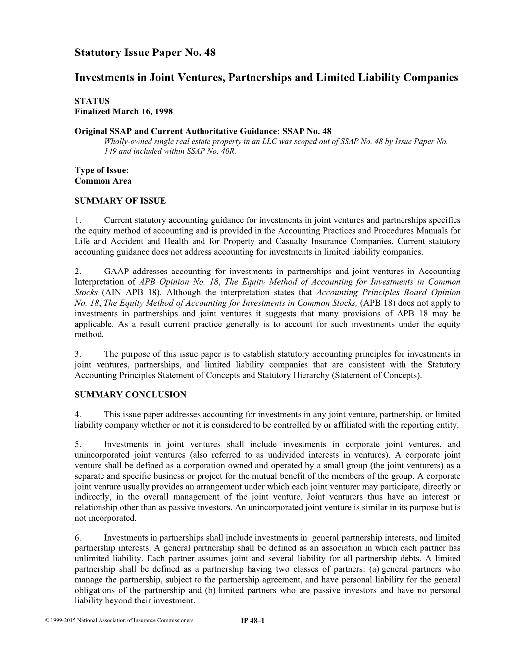 Statutory Issue Paper No. 48 Investments in Joint Ventures