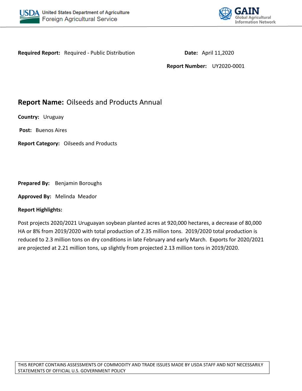 Report Name: Oilseeds and Products Annual