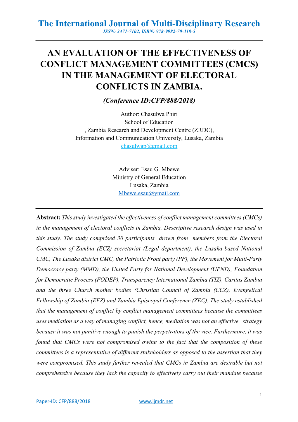 An Evaluation of the Effectiveness of Conflict Management Committees (Cmcs) in the Management of Electoral Conflicts in Zambia