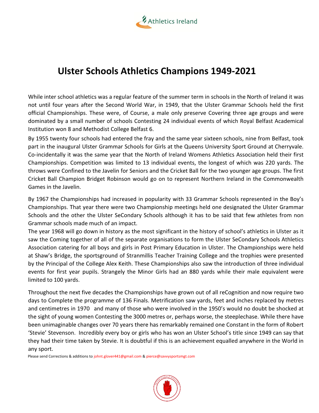 Ulster Schools Athletics Champions 1949-2021