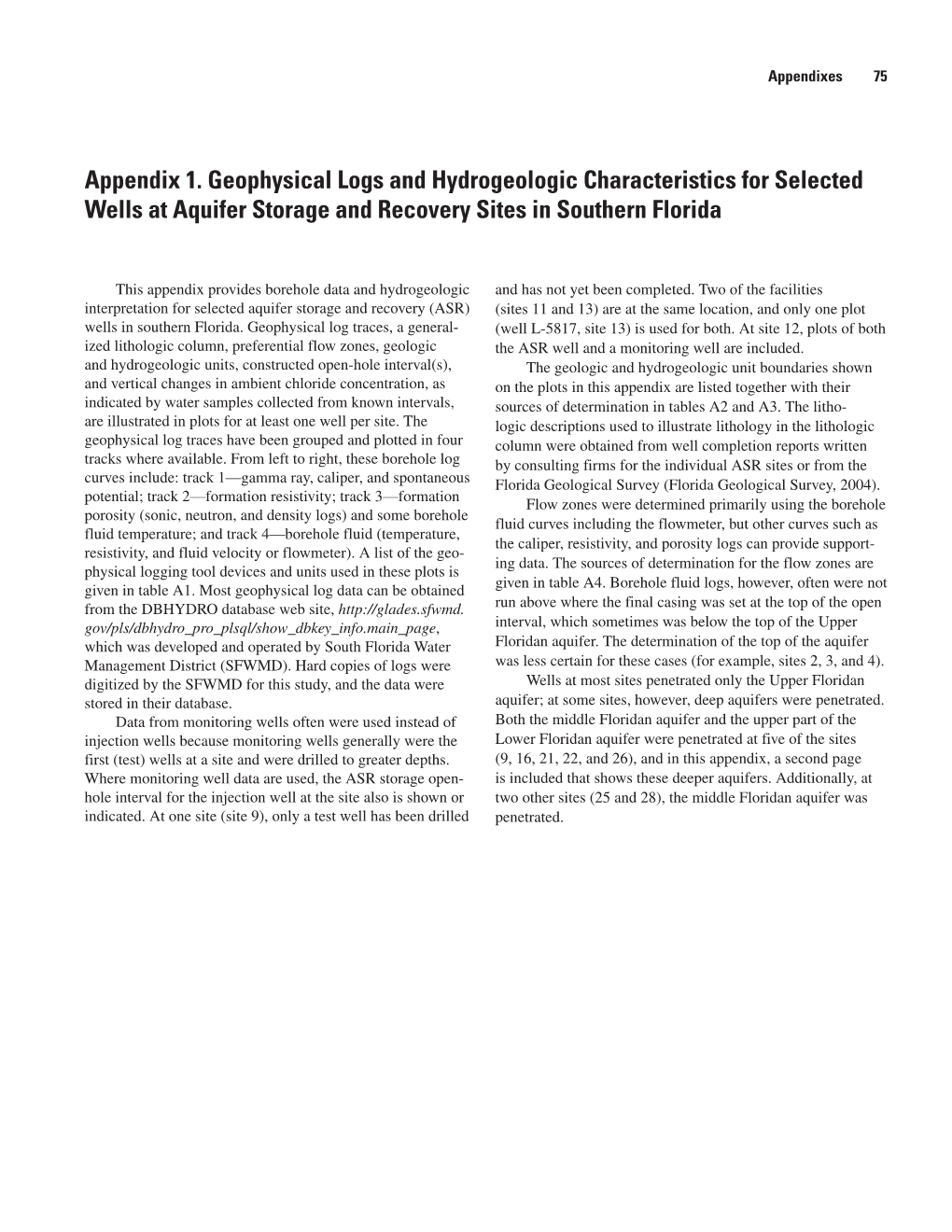 Appendix 1. Geophysical Logs and Hydrogeologic Characteristics for Selected Wells at Aquifer Storage and Recovery Sites in Southern Florida