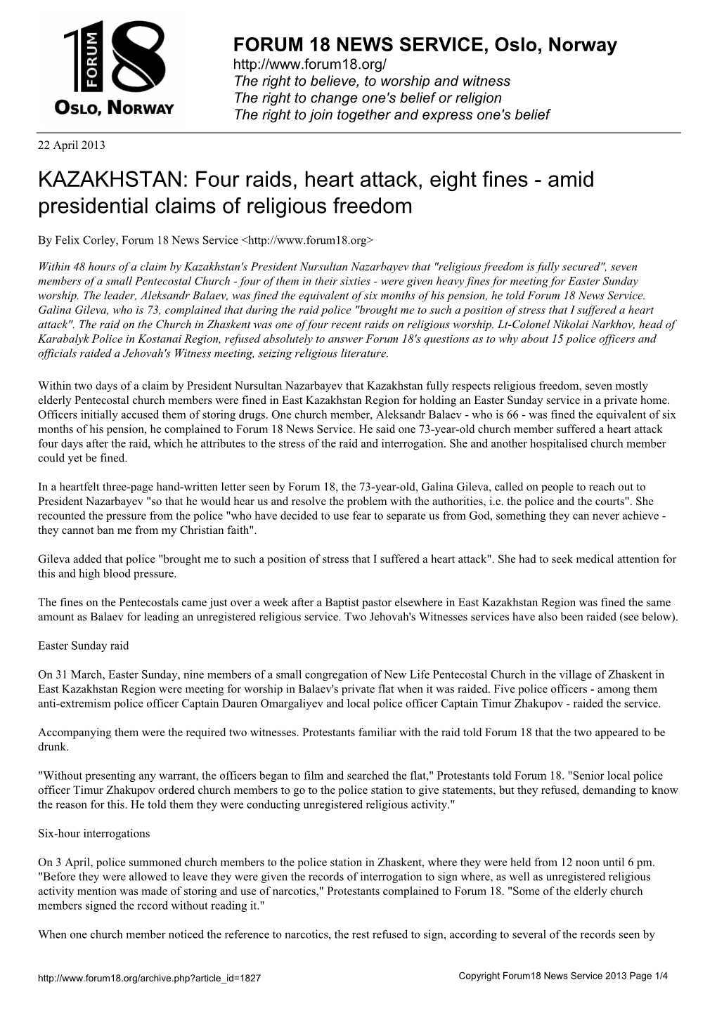 KAZAKHSTAN: Four Raids, Heart Attack, Eight Fines - Amid Presidential Claims of Religious Freedom