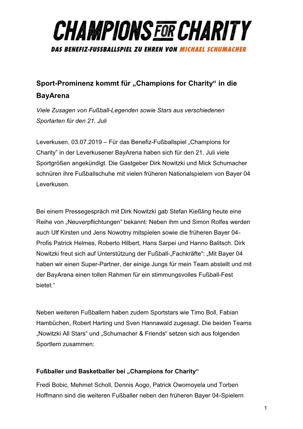 Sport-Prominenz Kommt Für „Champions for Charity“ in Die Bayarena
