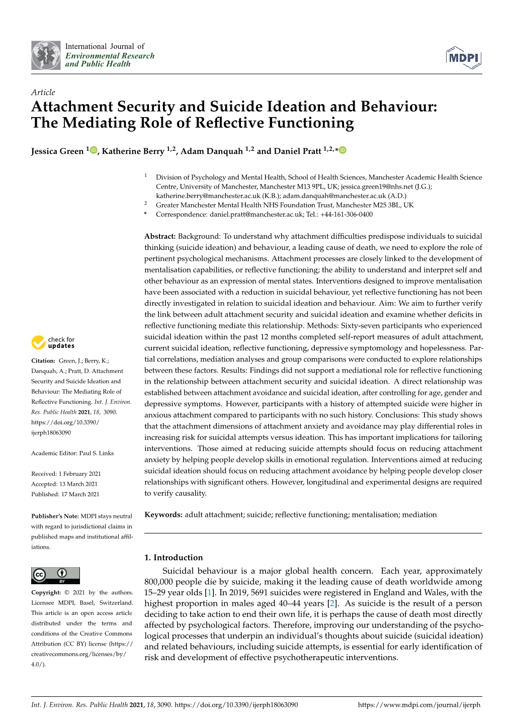 Attachment Security and Suicide Ideation and Behaviour: the Mediating Role of Reﬂective Functioning