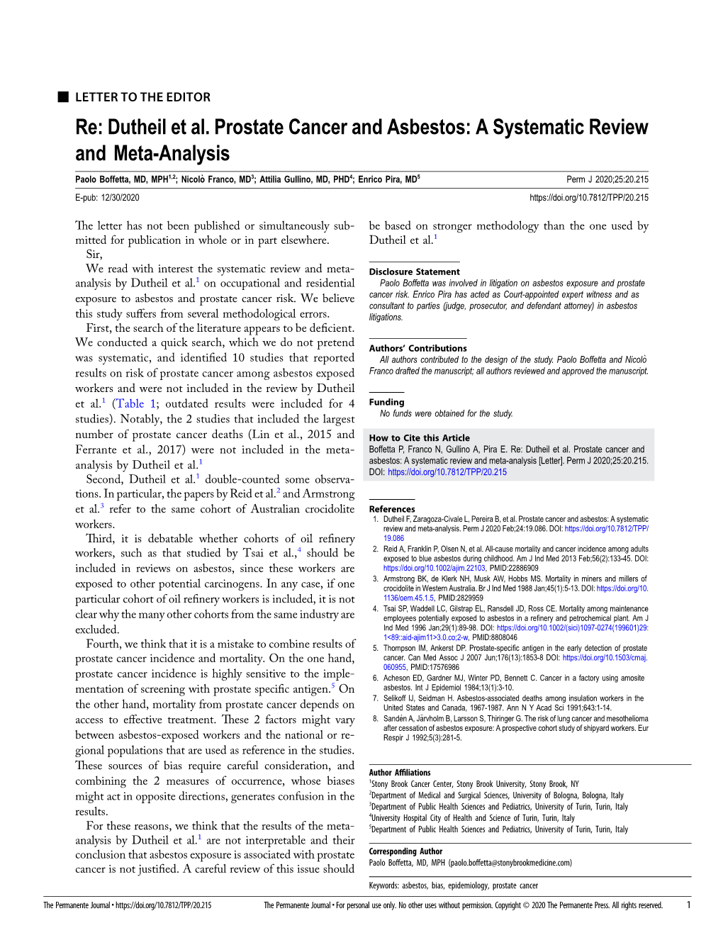 Dutheil Et Al. Prostate Cancer and Asbestos: a Systematic Review and Meta-Analysis