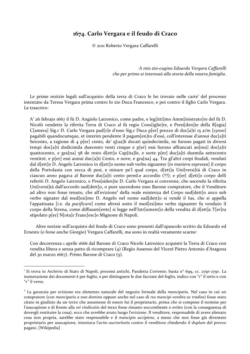 1674. Carlo Vergara E Il Feudo Di Craco