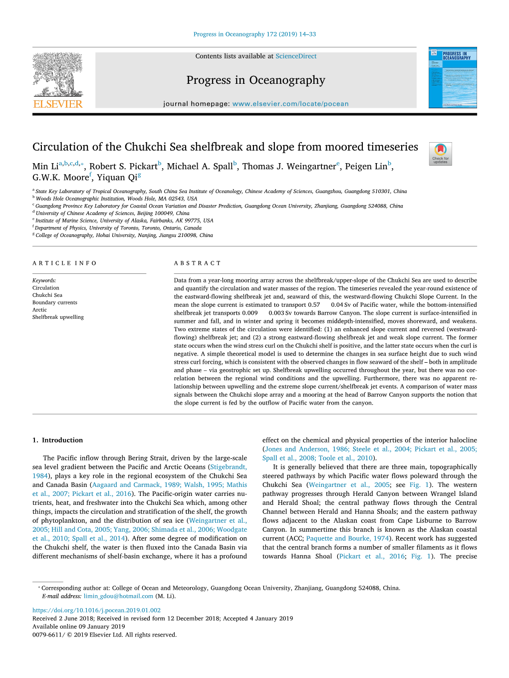 Circulation of the Chukchi Sea Shelfbreak and Slope from Moored Timeseries T ⁎ Min Lia,B,C,D, , Robert S