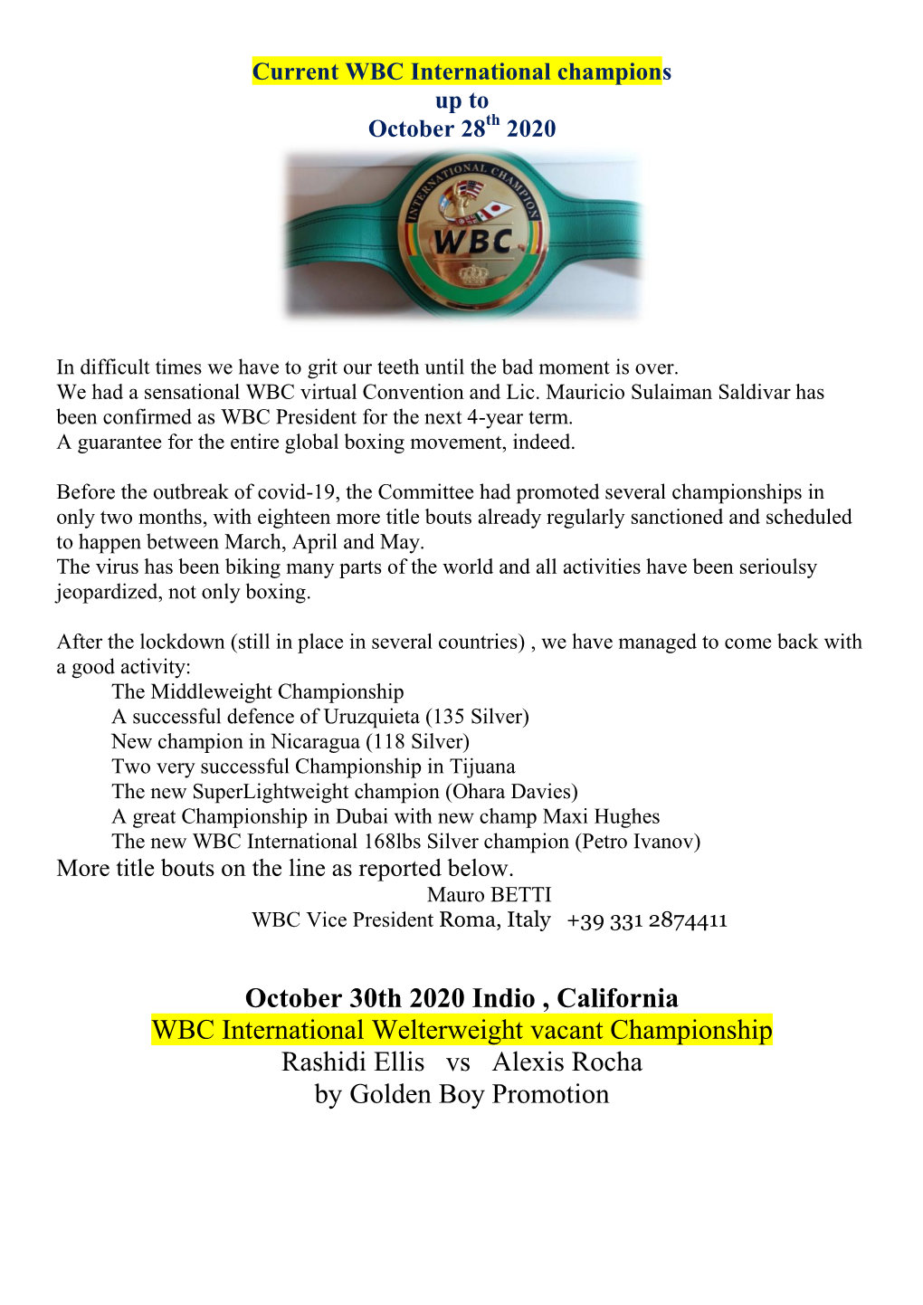 October 30Th 2020 Indio , California WBC International Welterweight Vacant Championship Rashidi Ellis Vs Alexis Rocha by Golden Boy Promotion