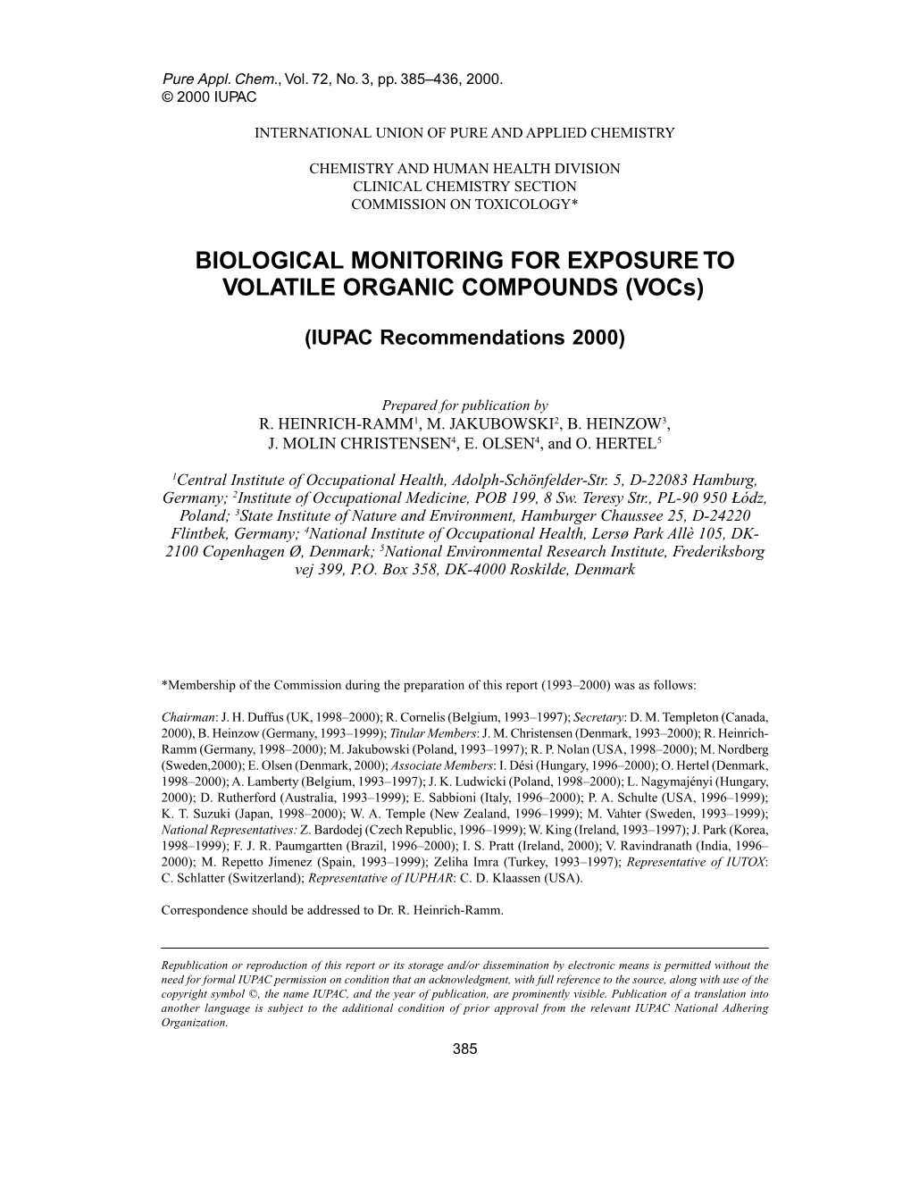 BIOLOGICAL MONITORING for EXPOSURE to VOLATILE ORGANIC COMPOUNDS (Vocs)