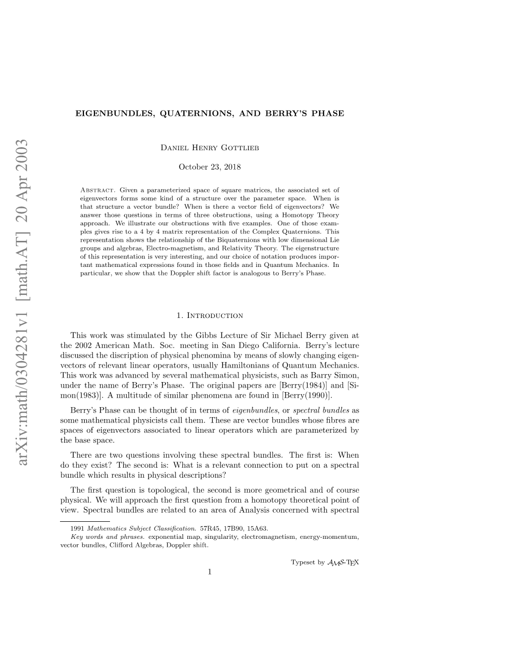 Arxiv:Math/0304281V1 [Math.AT] 20 Apr 2003 Etrbnls Lﬀr Lers Ope Shift