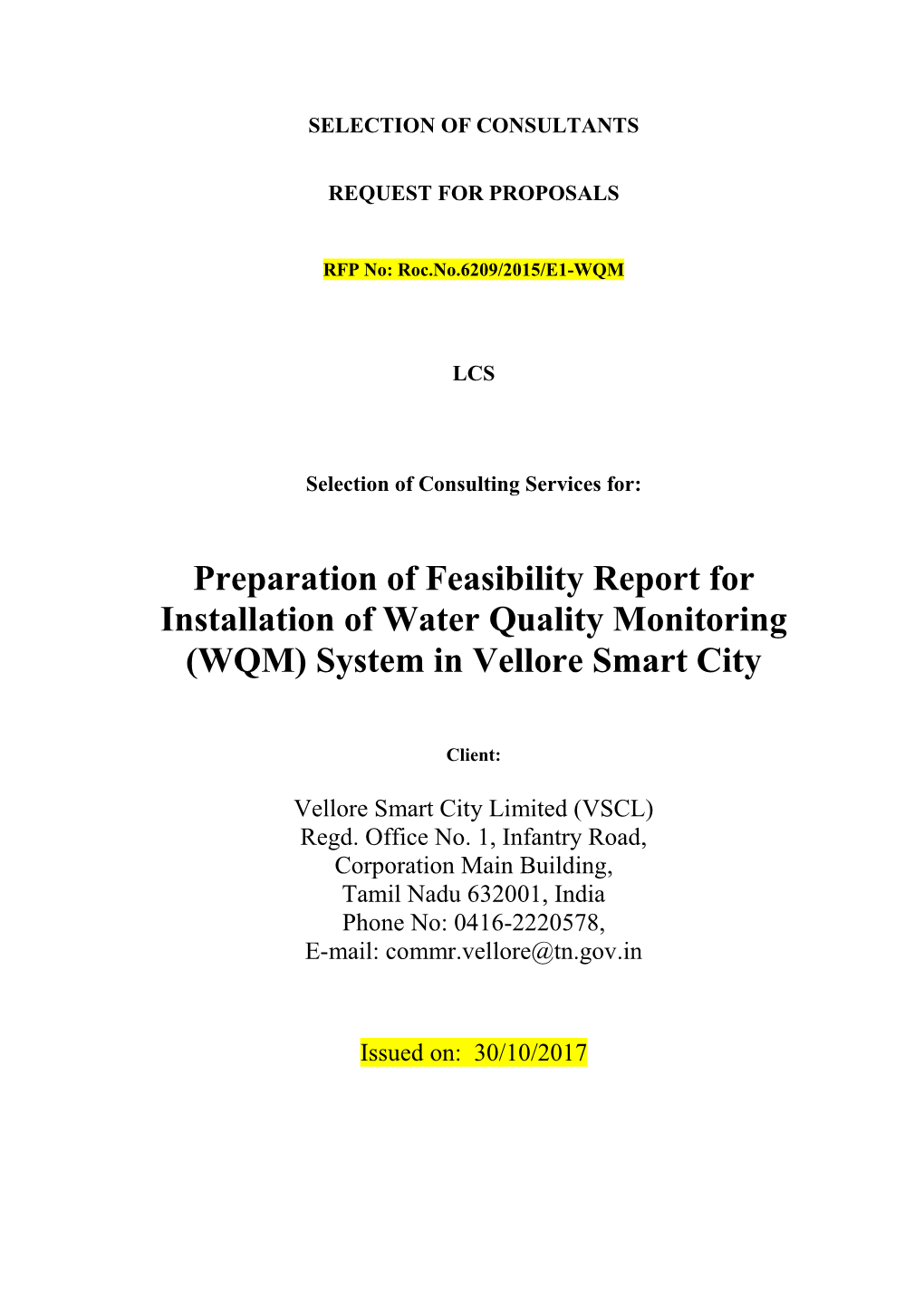 Water Quality Monitoring (WQM) System in Vellore Smart City