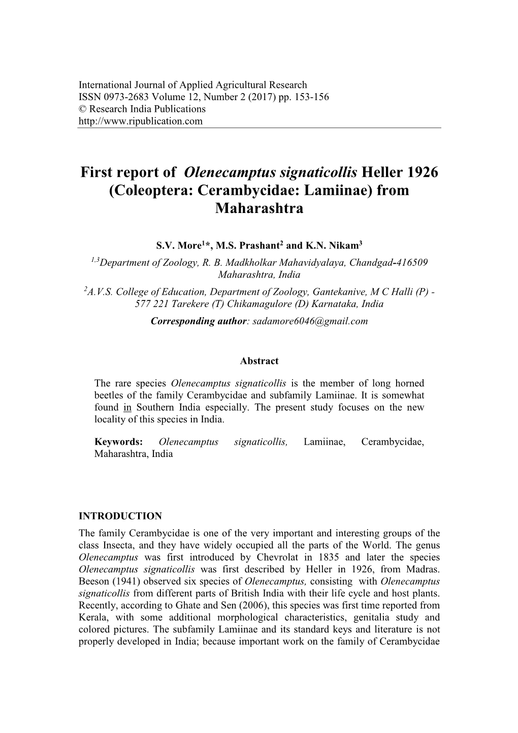 First Report of Olenecamptus Signaticollis Heller 1926 (Coleoptera: Cerambycidae: Lamiinae) from Maharashtra