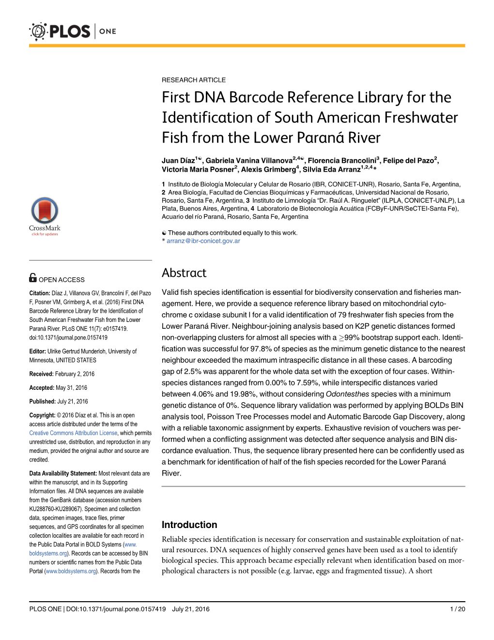 First DNA Barcode Reference Library for the Identification of South American Freshwater Fish from the Lower Paraná River