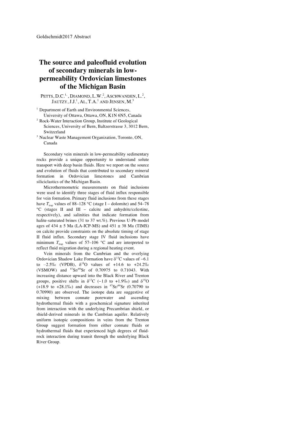 The Source and Paleofluid Evolution of Secondary Minerals in Low- Permeability Ordovician Limestones of the Michigan Basin