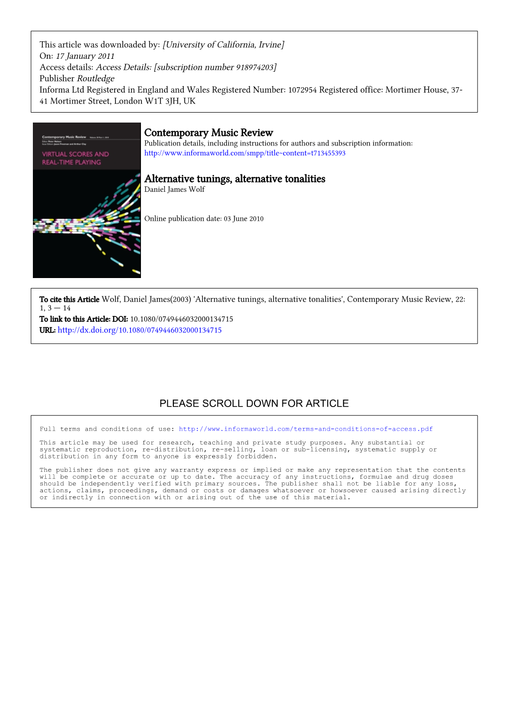 Alternative Tunings, Alternative Tonalities Daniel James Wolf