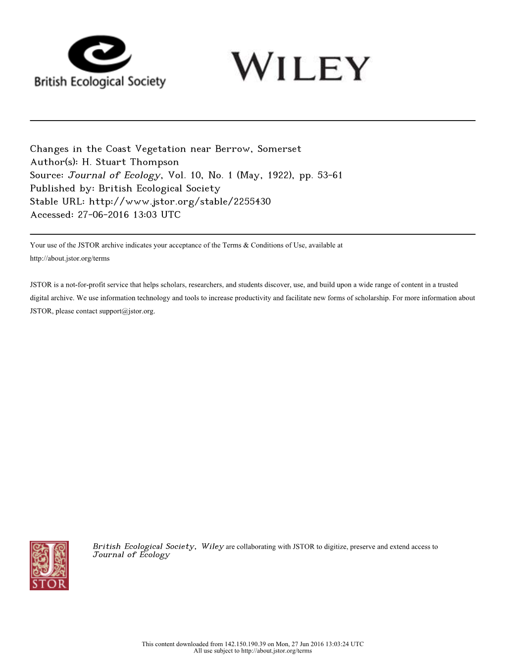 Changes in the Coast Vegetation Near Berrow, Somerset Author(S): H