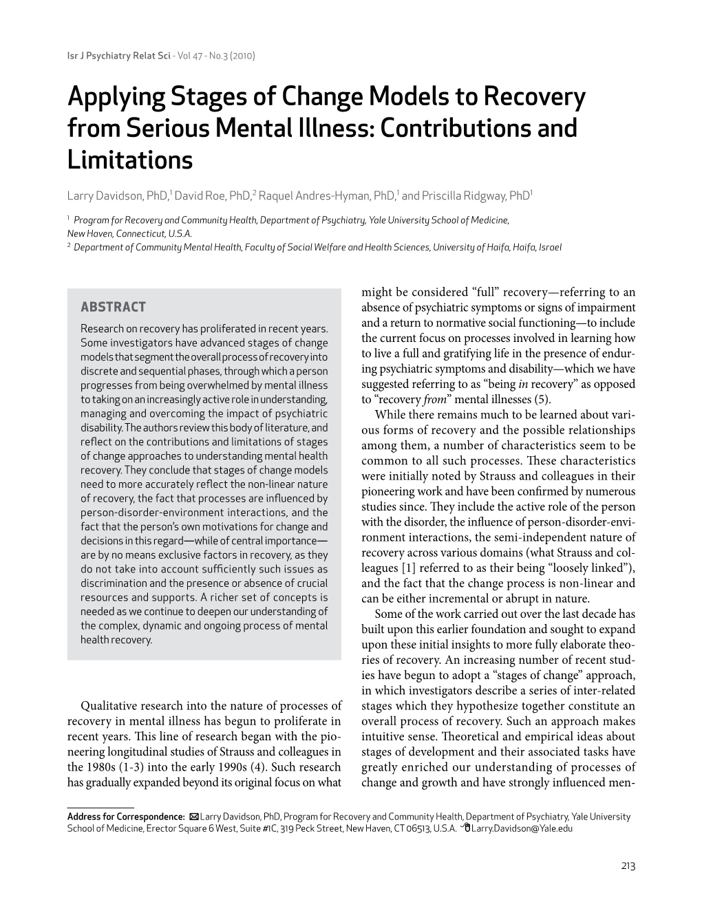 Applying Stages of Change Models to Recovery from Serious Mental Illness: Contributions and Limitations