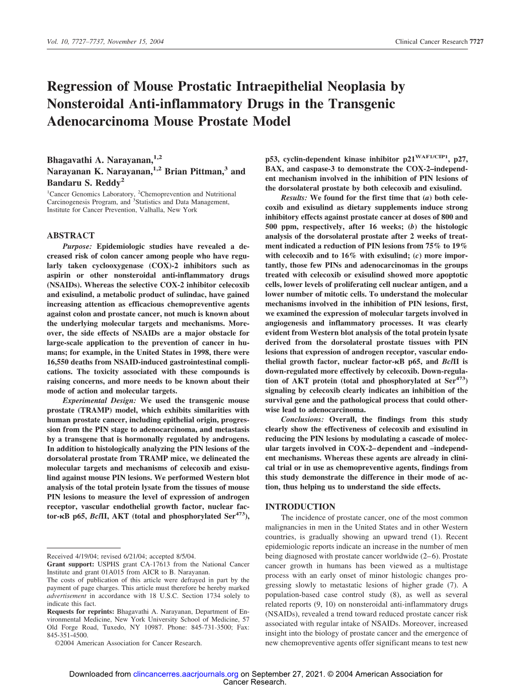 Regression of Mouse Prostatic Intraepithelial Neoplasia by Nonsteroidal Anti-Inflammatory Drugs in the Transgenic Adenocarcinoma Mouse Prostate Model