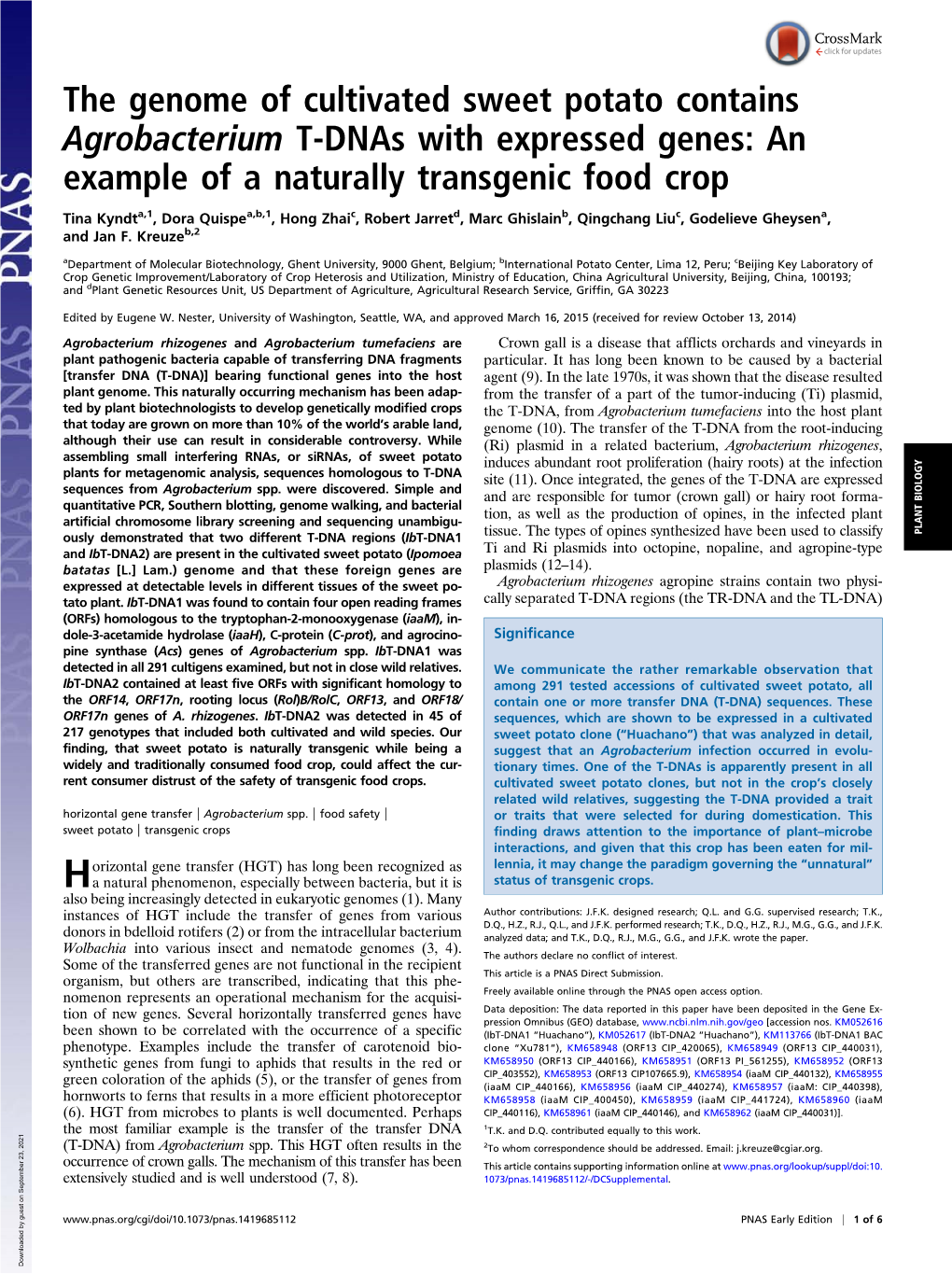 The Genome of Cultivated Sweet Potato Contains Agrobacterium T-Dnas with Expressed Genes: an Example of a Naturally Transgenic Food Crop